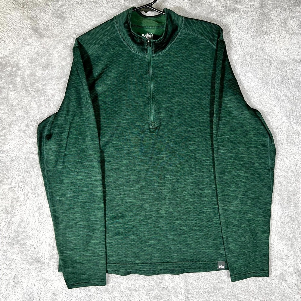 REI Co-op Base Layer Shirt Mens Large Green Fleece Lined Half-Zip Raglan Sleeve